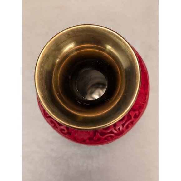 Hand-Carved Red Cinnabar Vase With Brass Lining & Black Base Stand Asian Decor - Picture 4 of 8